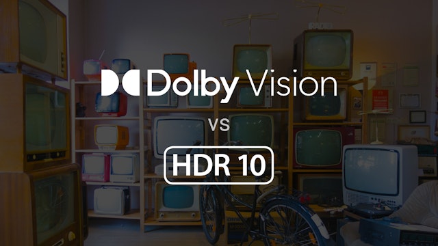 Store with old TVs. Big white text says "Dolby Vision vs HDR10"