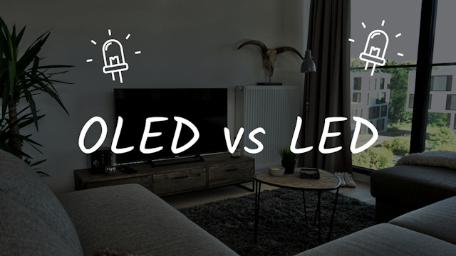 Dark room, with text "OLED vs LED"