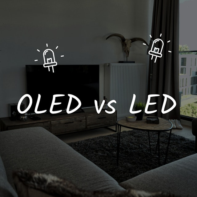 Dark room, with text "OLED vs LED"