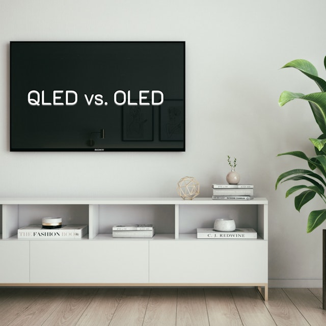 TV with "QLED vs. OLED" text displayed on the screen