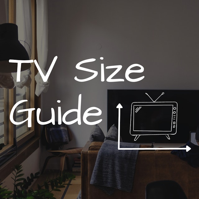 Dark room, with text "TV Size Guide"