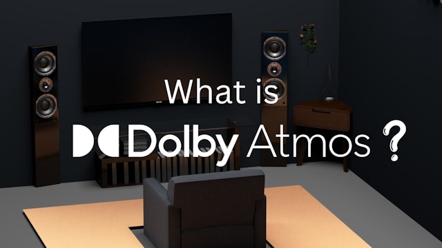 A graphic showing a living room with a TV and home theater. And on the graphic a large inscription: "What is Dolby Atmos?".