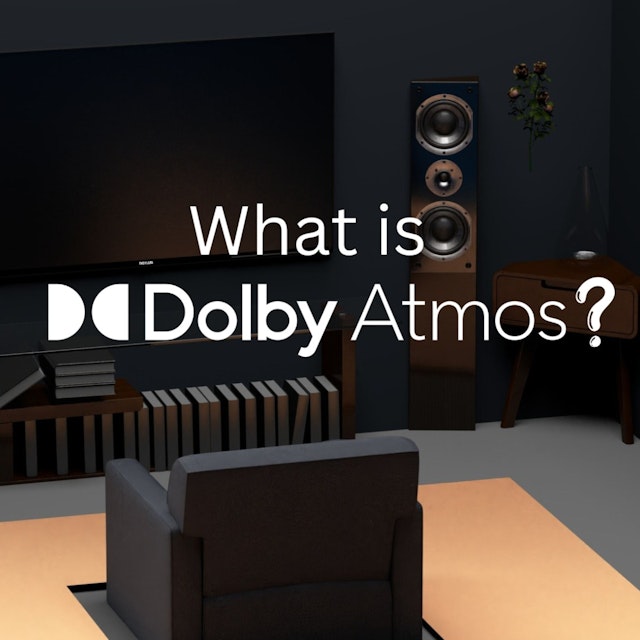 A graphic showing a living room with a TV and home theater. And on the graphic a large inscription: "What is Dolby Atmos?".